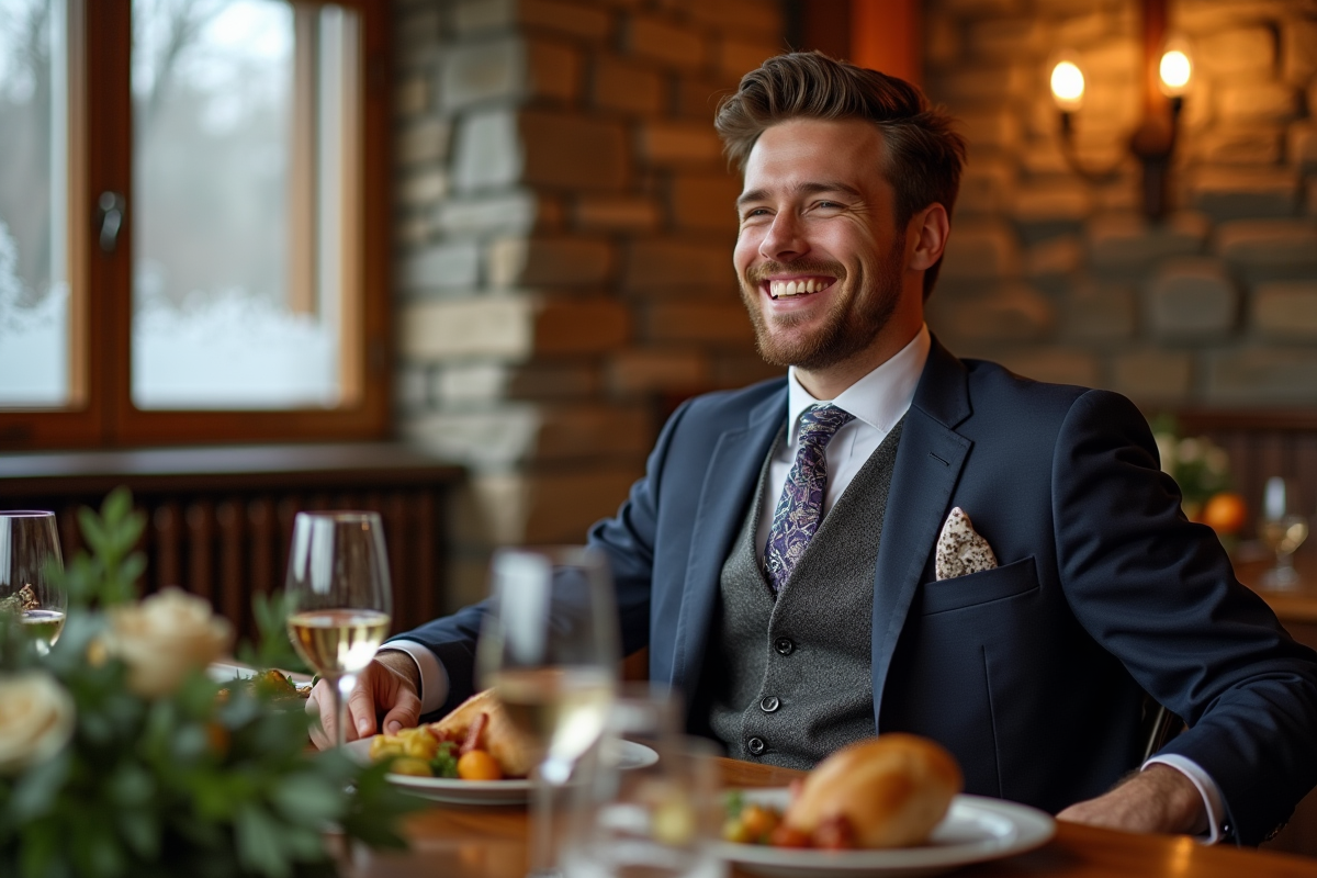 Homme bien habille assis à une table de mariage d