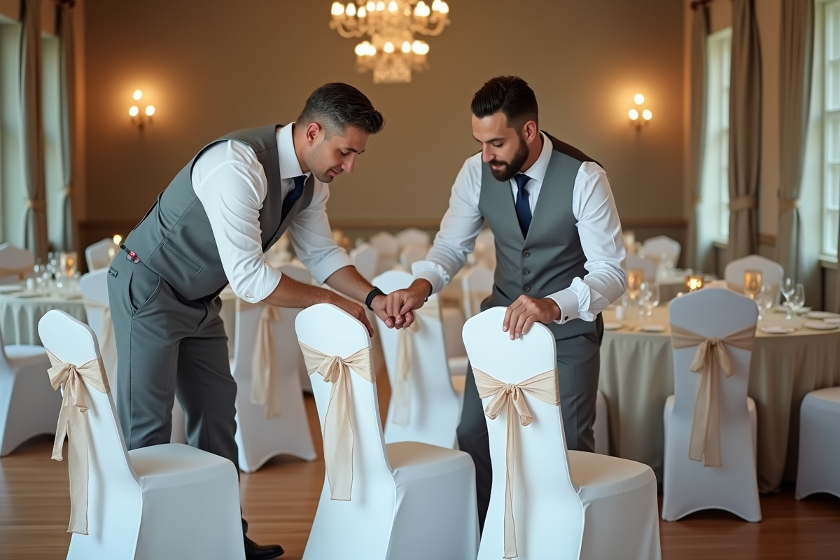 Deux hommes couvrant des chaises avec des housses blanches