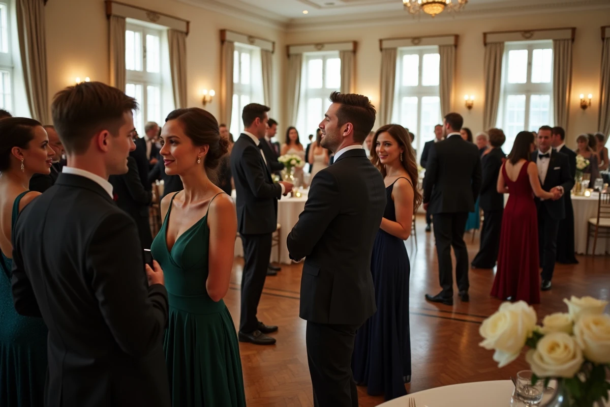 Invités élégants en tenue de soirée lors d'un cocktail de mariage dans une salle de réception parisienne classique