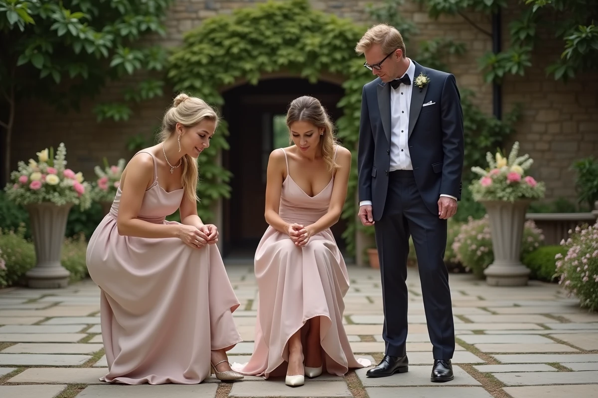 Invités de mariage dans une cour en pierre, l'une d'elles applique un pansement ampoule sur son talon, kit de survie invités