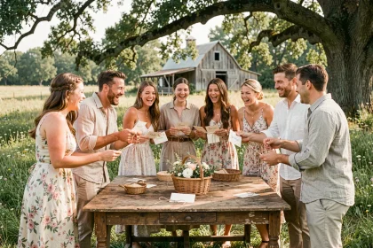 Groupe de mariés jouant au jeu des douze mois lors d'un mariage champêtre en plein air avec des gages nature et des décorations en jute