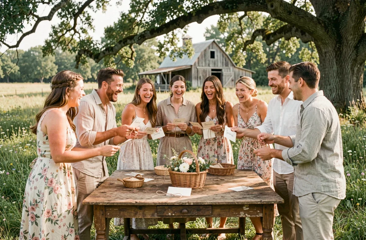 Groupe de mariés jouant au jeu des douze mois lors d'un mariage champêtre en plein air avec des gages nature et des décorations en jute