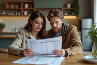 Jeune couple en planche budget dans la cuisine