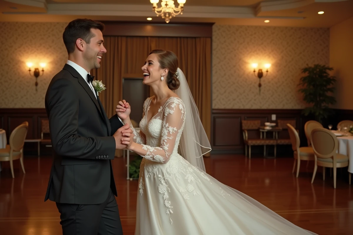 Jeune mari&eacute;e et son mari dansant dans une salle r&eacute;tro