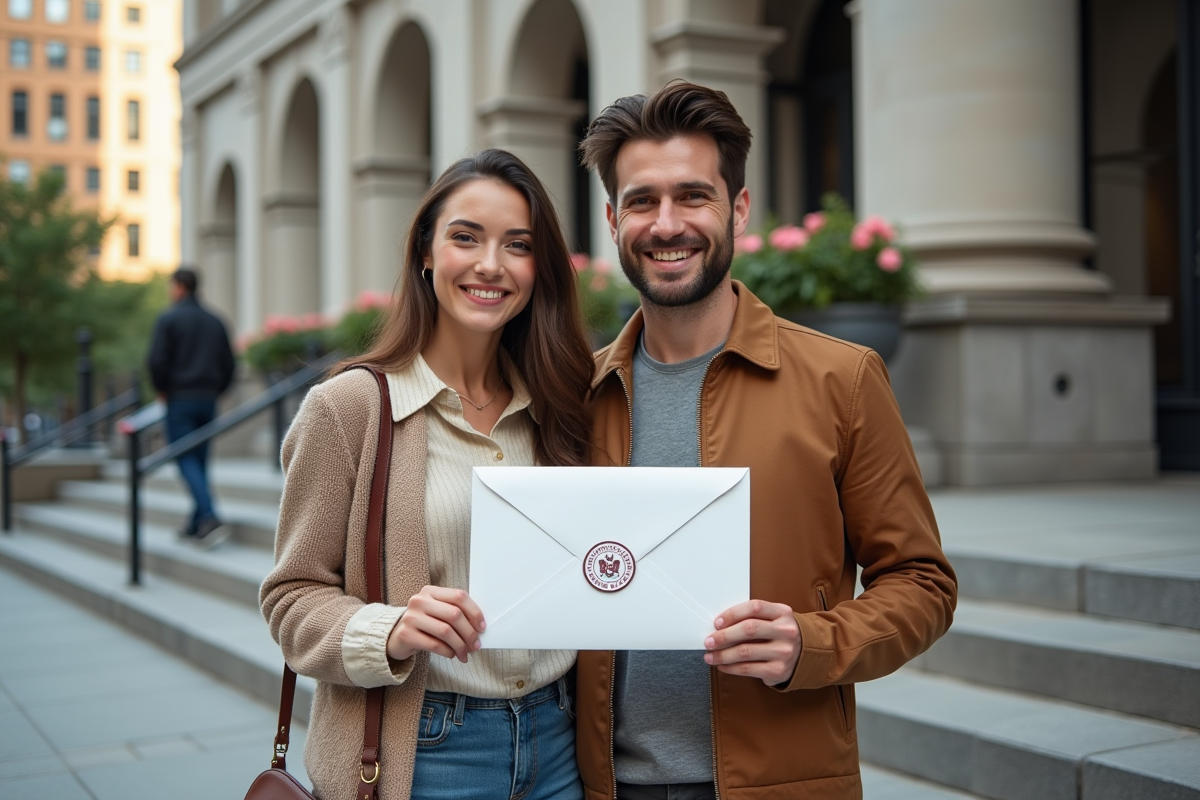 Jeune couple heureux tenant une enveloppe devant un bâtiment municipal
