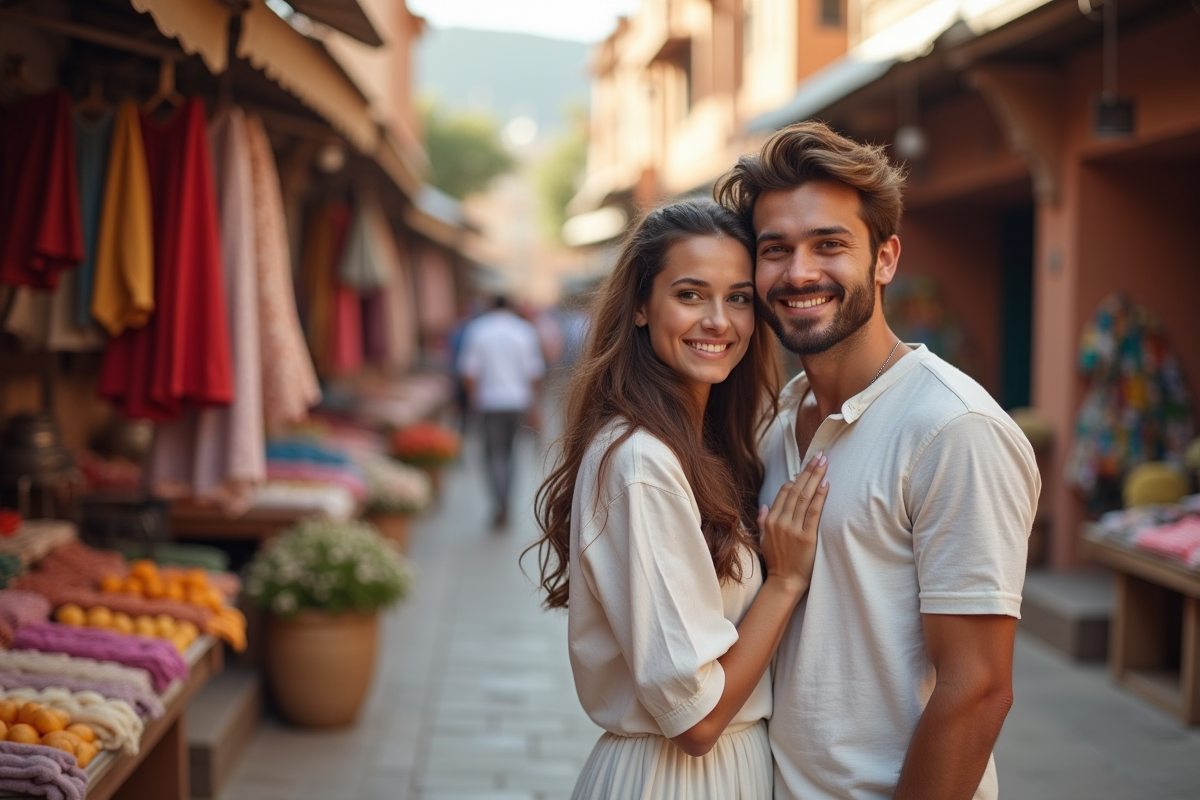 Jeune couple marié dans un marché coloré de Jaipur