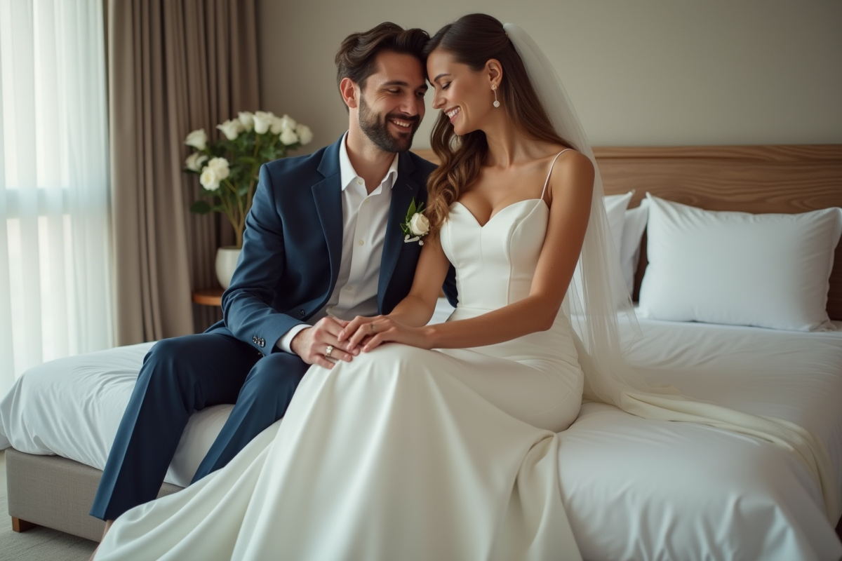 Jeune couple marié souriant dans une chambre élégante