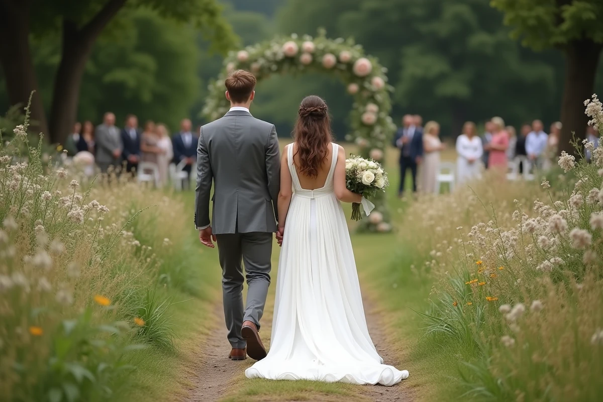 Couple marchant main dans la main dans un jardin fleuri