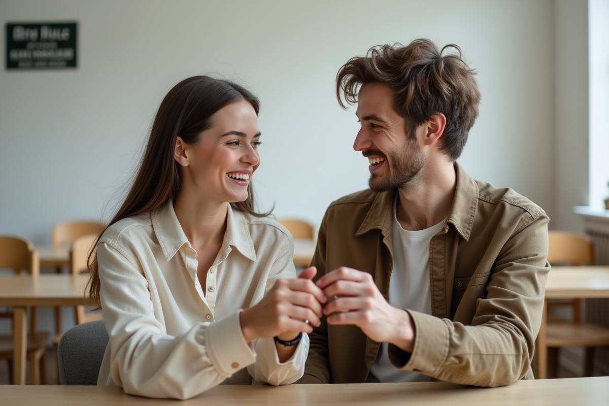 Jeune couple échangeant des alliances en papier à la mairie