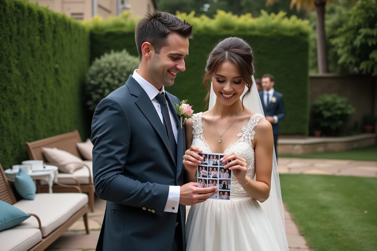 Jeune couple marié souriant devant un photobooth en extérieur