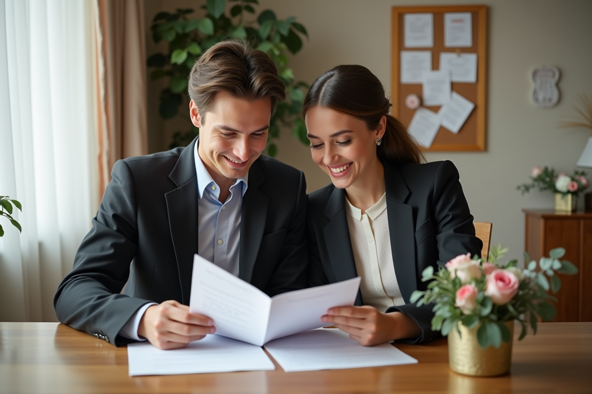 Jeune couple en tenue de mariage examine un programme à la maison
