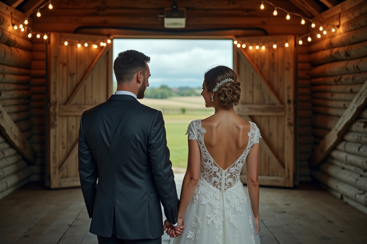 Jeune couple riant devant un diaporama de mariage