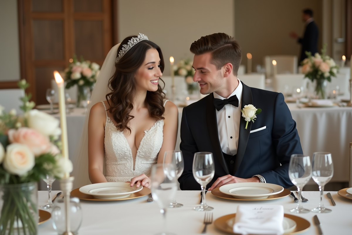Jeune couple de mariés examinant la décoration de la table