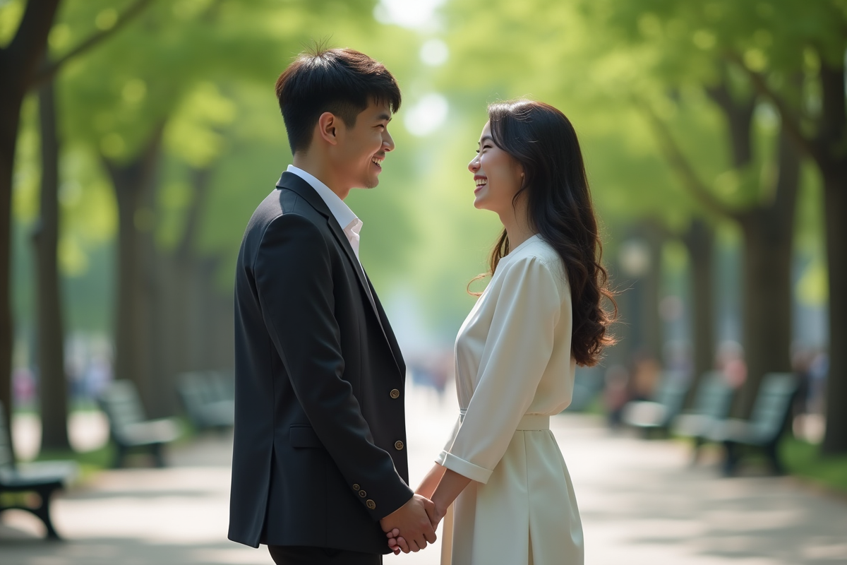 Jeune couple souriant dans un parc en plein air