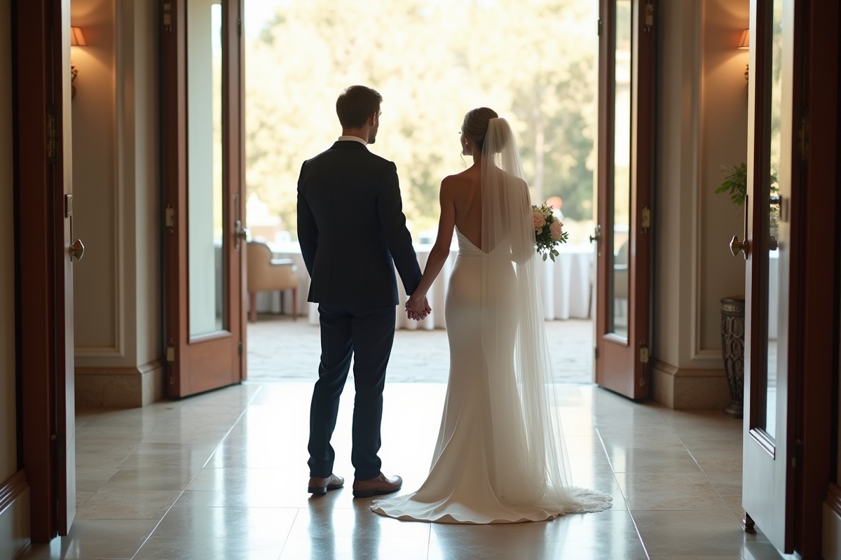 Jeune couple marié dans une salle de réception lumineuse