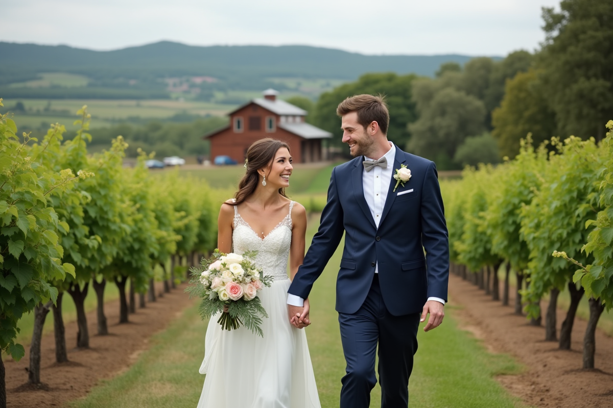 Jeune couple riant lors de leur mariage en plein air dans un vignoble