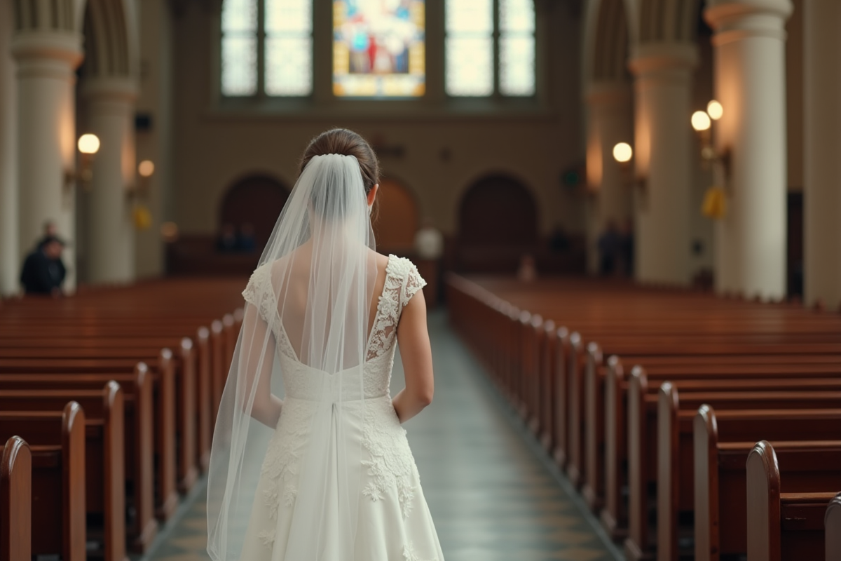 Jeune mariée dans une église historique lors de la marche nuptiale