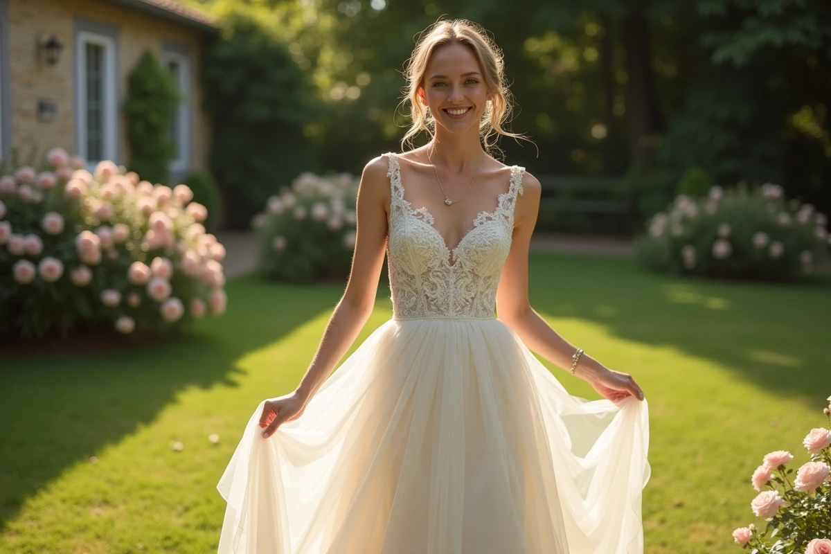 Jeune femme en robe de mariée dans un jardin ensoleille
