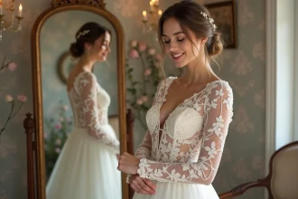 Femme souriante en robe de mariée en dentelle dans une boutique élégante