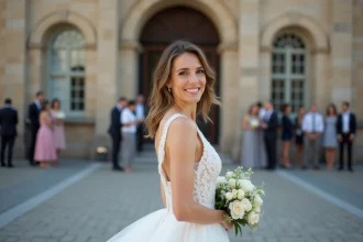 Femme en robe blanche de mariage devant la mairie