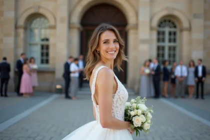 Femme en robe blanche de mariage devant la mairie