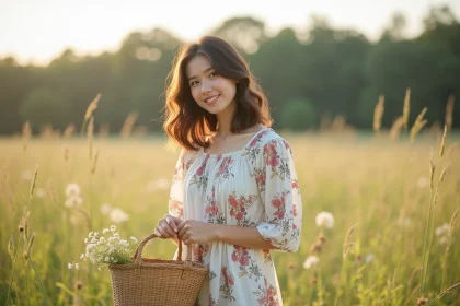 Jeune femme en robe florale dans un pr&eacute; ensoleille