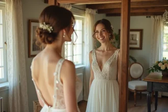 Jeune femme en robe de mariée regardant son reflet dans un miroir vintage