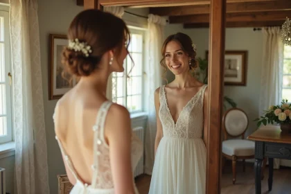Jeune femme en robe de mari&eacute;e regardant son reflet dans un miroir vintage