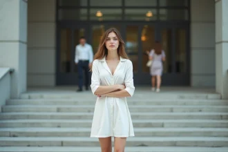 Jeune femme en robe blanche dans un cadre urbain moderne