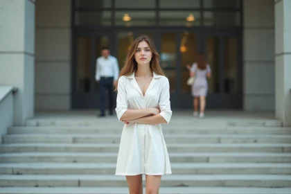 Jeune femme en robe blanche dans un cadre urbain moderne