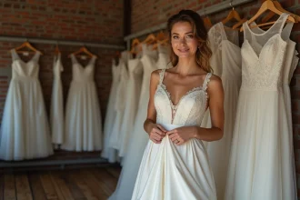 Femme souriante en robe de mariage vintage ajustant la taille