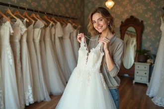 Jeune femme souriante examinant une robe de mariage vintage