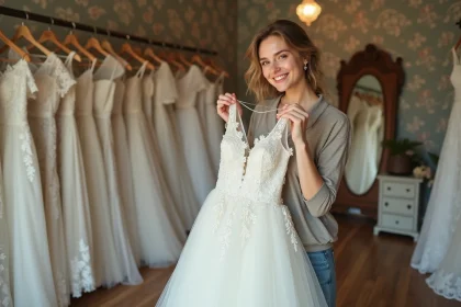 Jeune femme souriante examinant une robe de mariage vintage