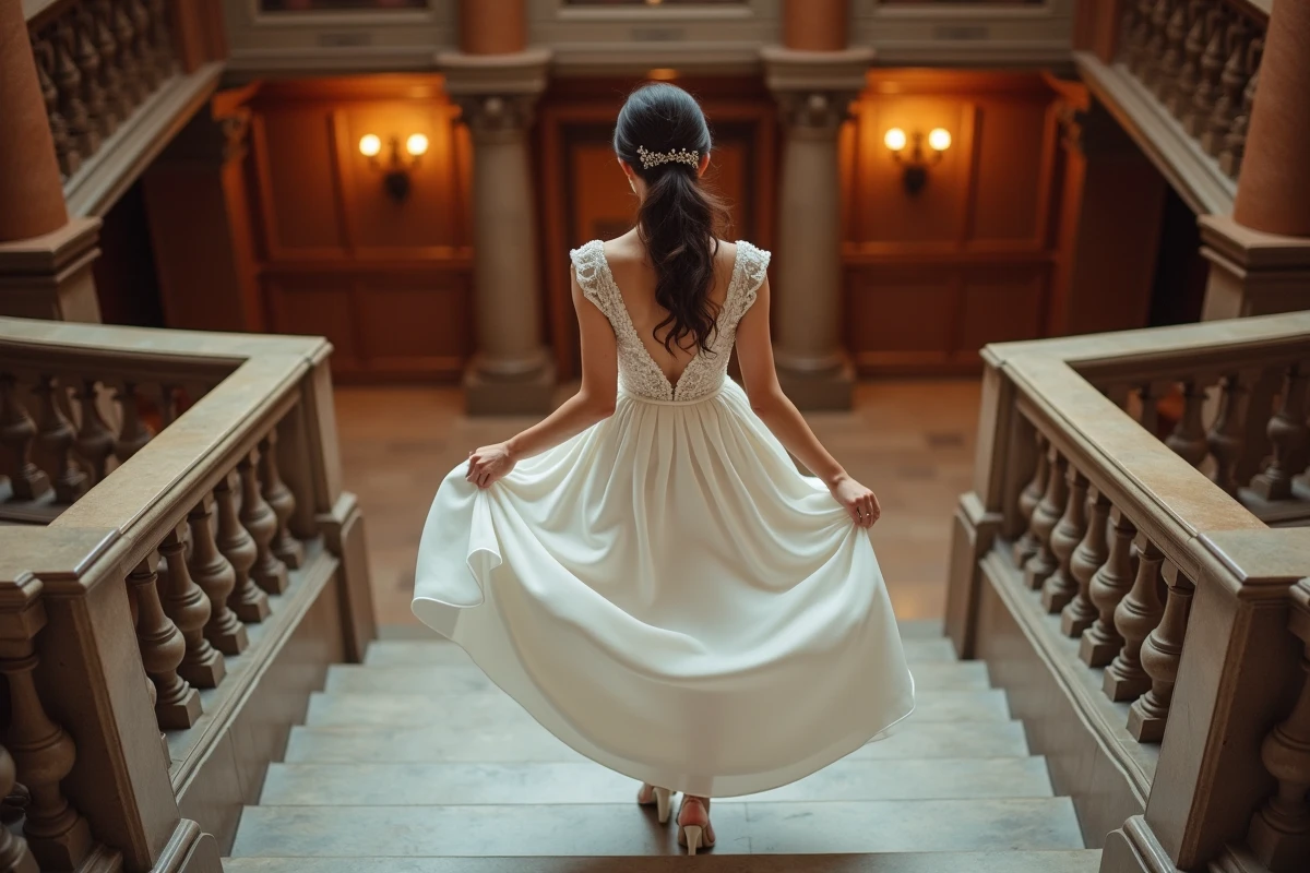 Jeune mari&eacute;e montant les marches de la mairie