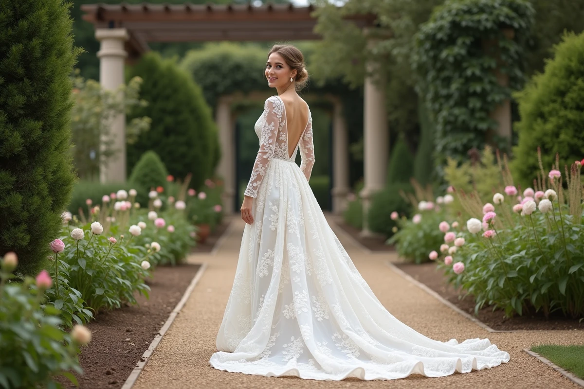 Jeune mari&eacute;e marchant dans un jardin romantique en robe de dentelle