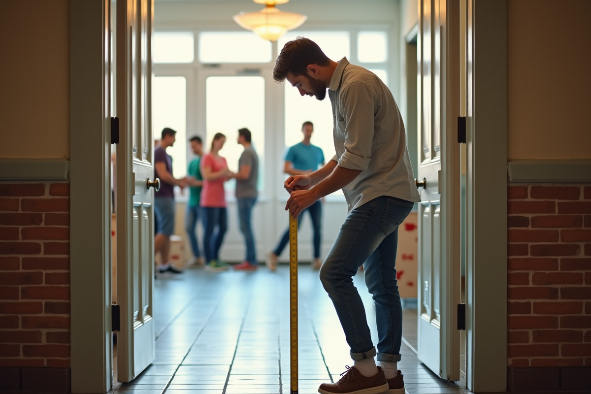 Jeune homme mesurant la largeur d une porte dans un centre communautaire