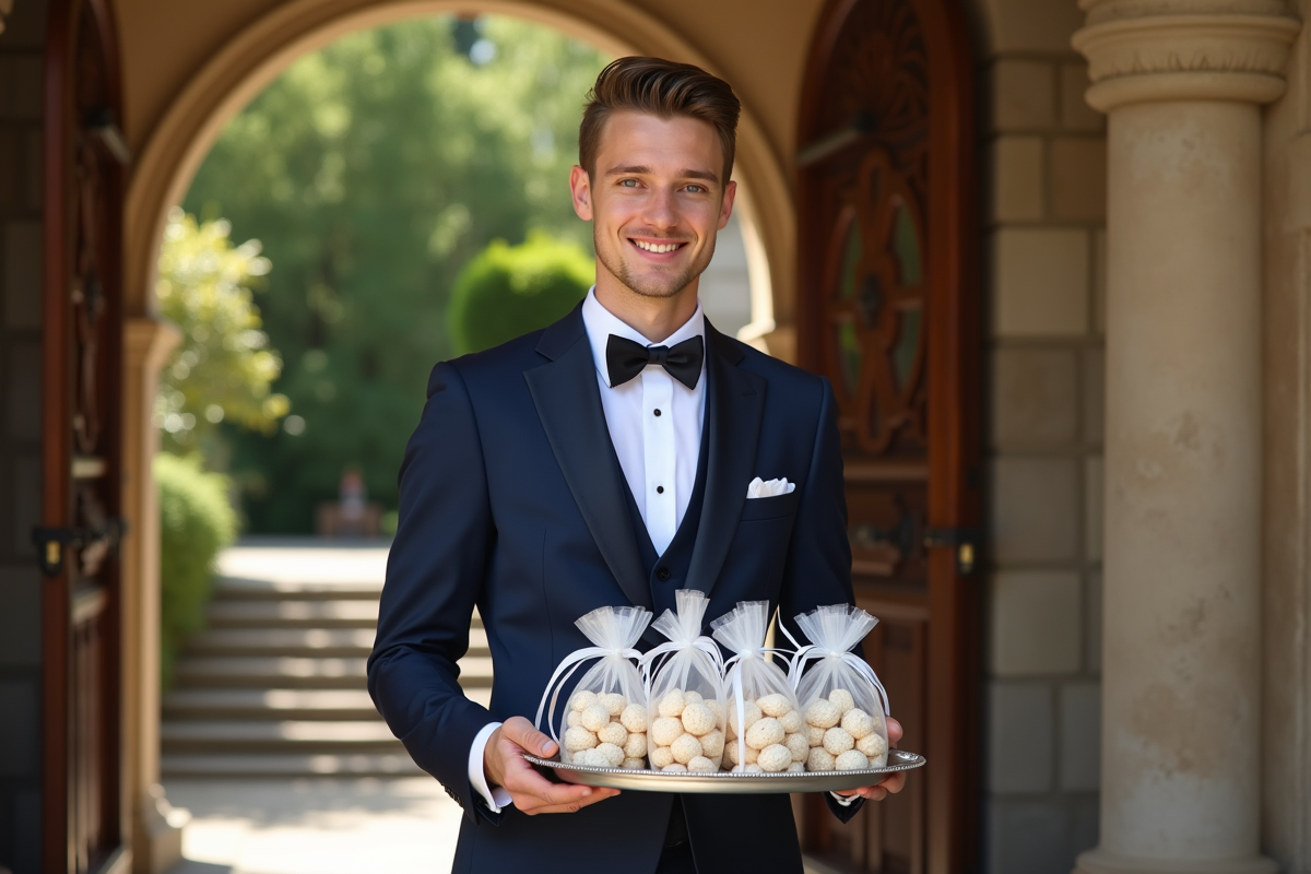 Jeune homme en costume navy offrant dragées aux invités