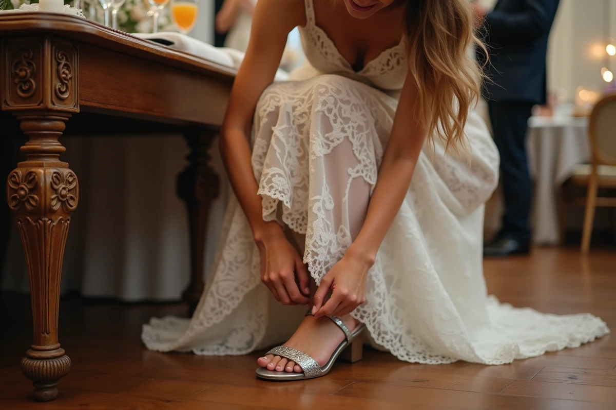 Jeune mari&eacute;e ajustant ses sandales en int&eacute;rieur