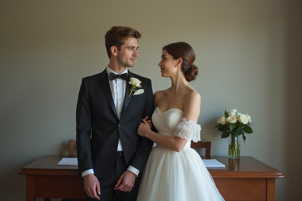 Jeune couple en tenue de mariage dans un bureau de mariage