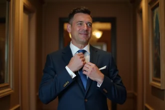 Marié en costume bleu marine ajustant sa cravate dans un couloir d'hôtel avant la cérémonie, kit de survie mariage pour le marié