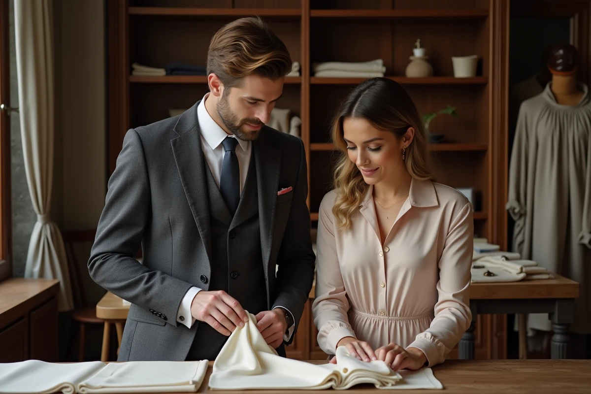 Couple choisissant des matières pour location de costume mariage dans une boutique parisienne