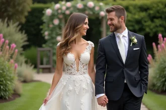 Alicia Dauby en robe de mariée dans un jardin luxuriant