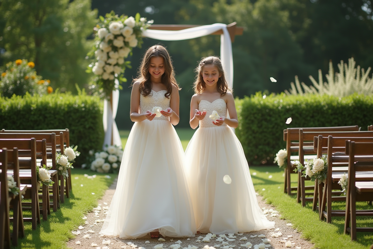 Jeune mariée et demoiselle d'honneur dispersant des pétales de roses