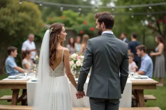 Jeune couple marié dans un jardin rustique lors de la réception