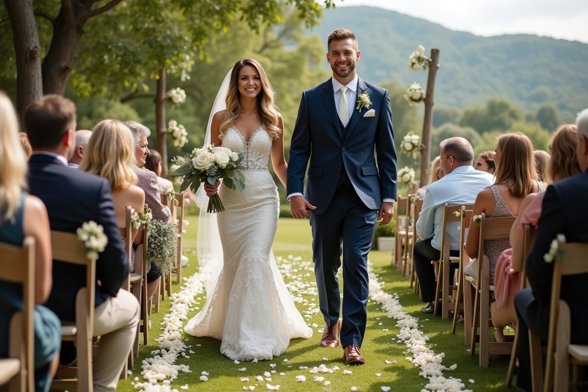 Jeune couple de mariés dans un jardin verdoyant