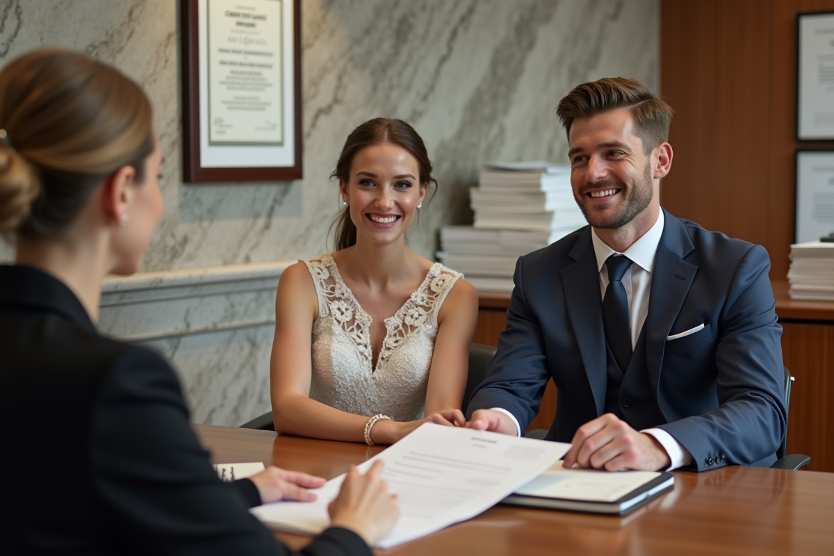 Couple souriant recevant un document officiel à la mairie