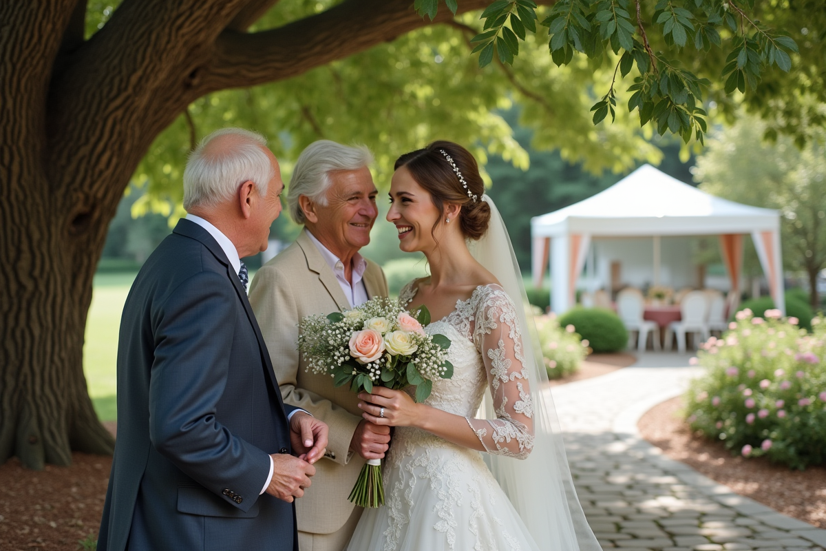 Jeune mariée souriante avec ses proches dans le jardin
