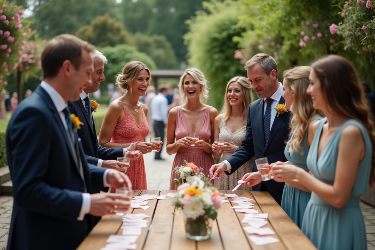 Groupe d'invites de mariage souriants en plein air