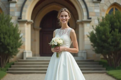 Femme en robe de mari&eacute;e vintage dans un cadre europ&eacute;en