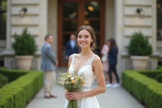 Femme souriante en robe blanche de mariage devant la mairie